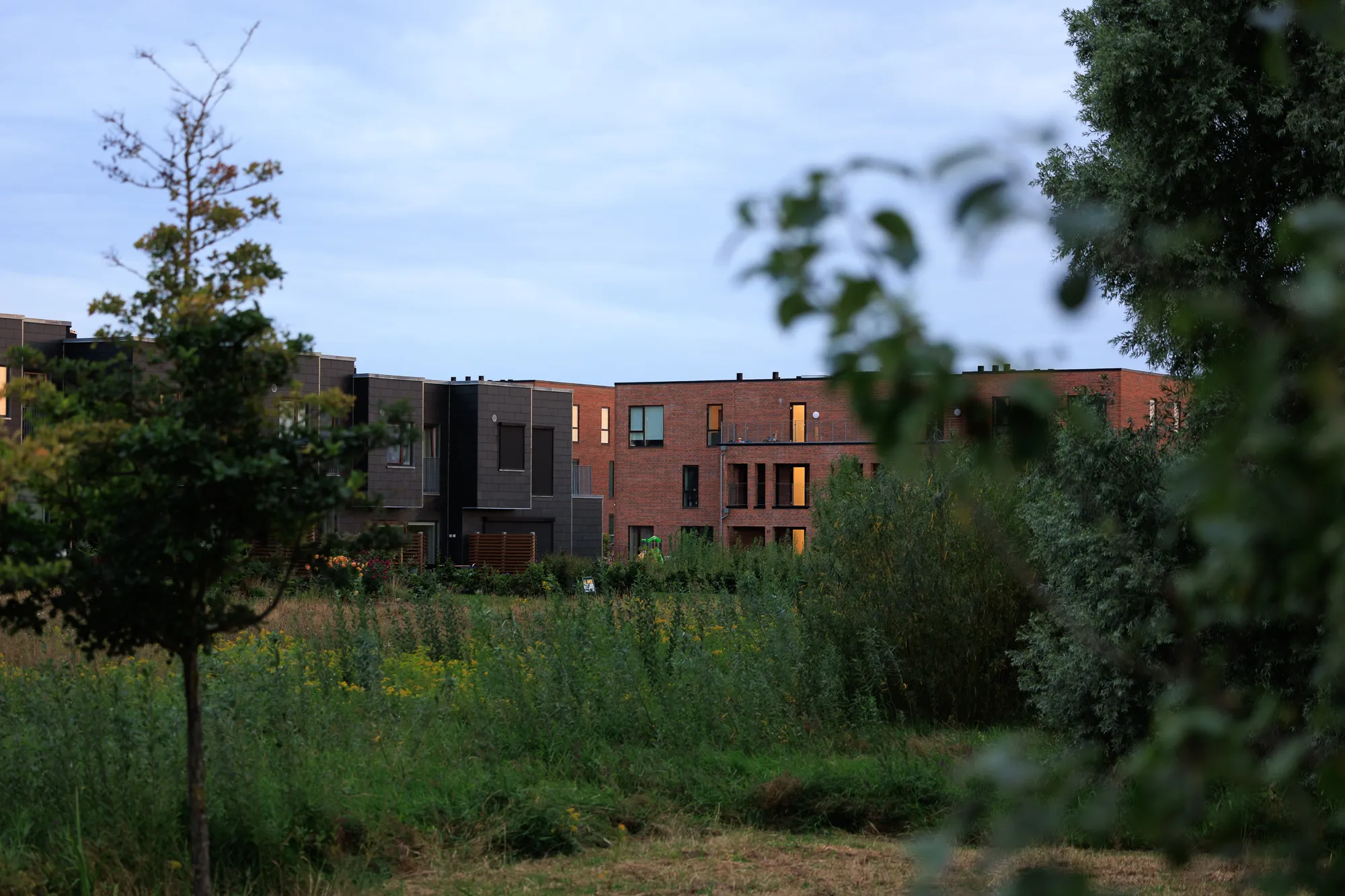 Golden-hour streetscape with silhouettes — Hedehusene